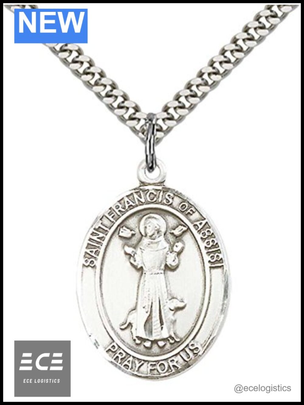 Sterling Silver St. Francis of Assisi Pendant Necklace 24" Curb Chain